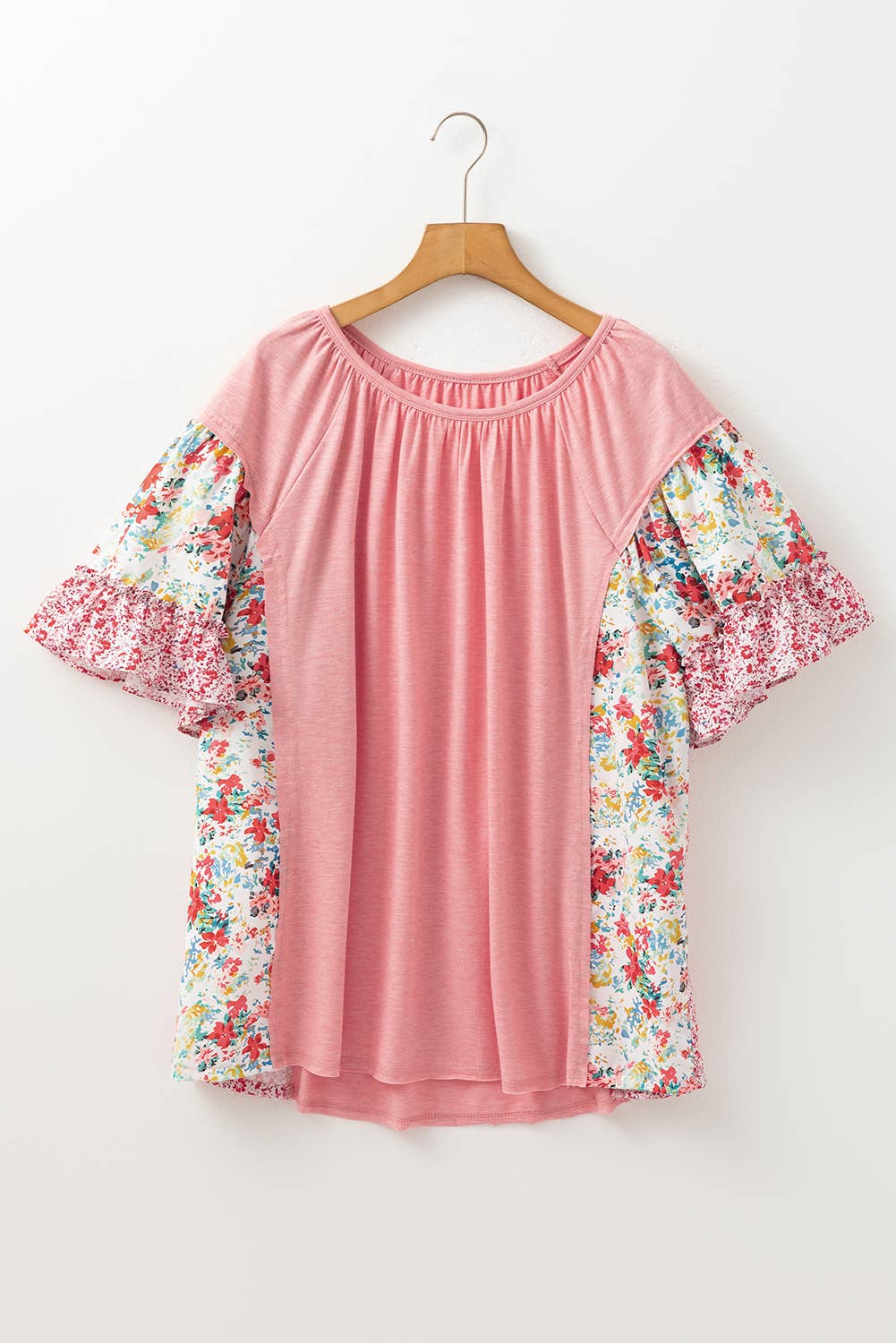 Plus Size Floral Patchwork Ruffled Short Sleeve Blouse