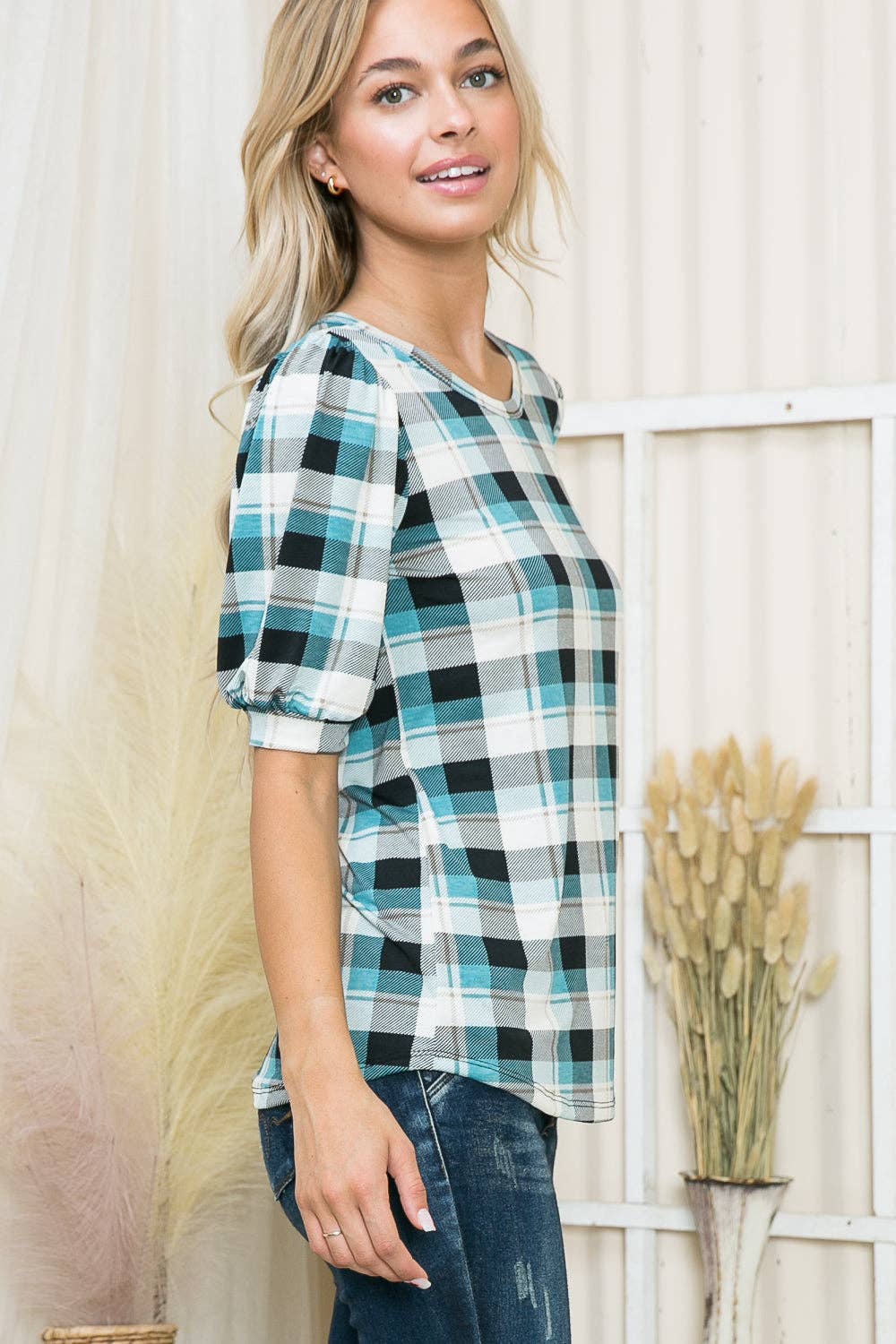 Plaid Puff Sleeve Jersey Top-2 Colors
