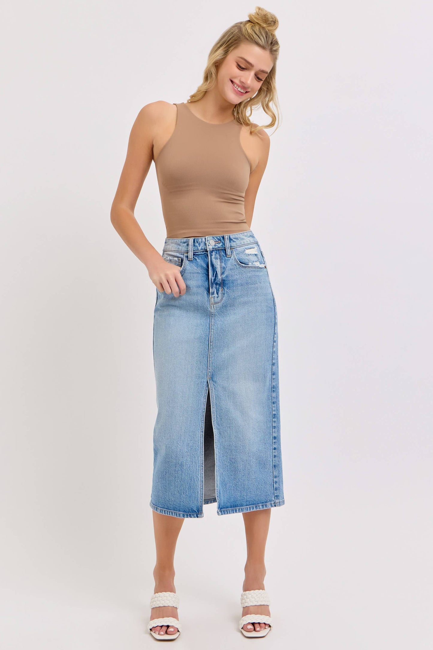 High Rise Midi Skirt with Front Slit [Wv58792LTD]