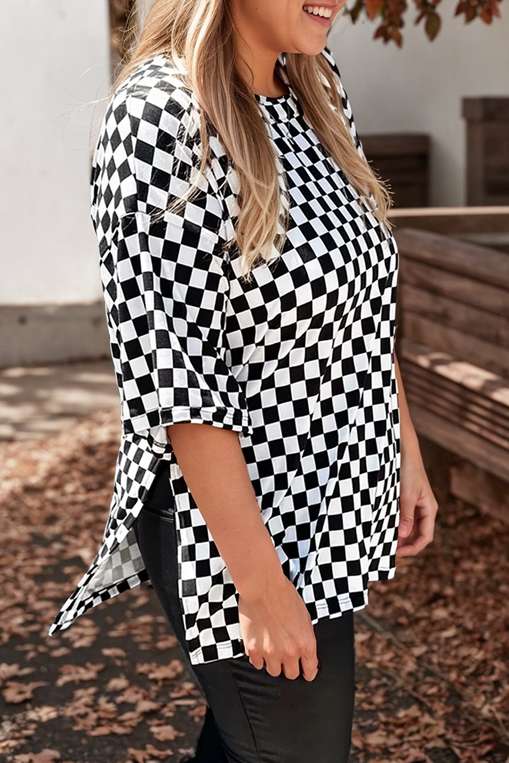 Plus Size Checkered Print Side Slits Round Neck T Shirt