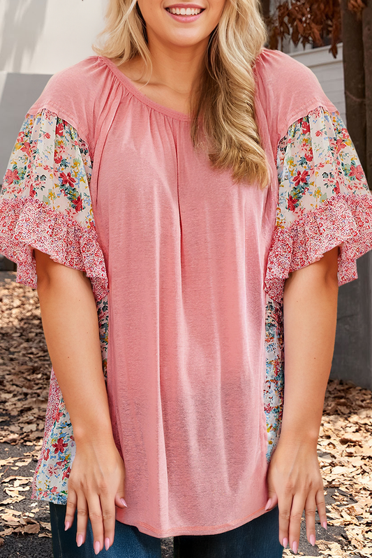 Plus Size Floral Patchwork Ruffled Short Sleeve Blouse