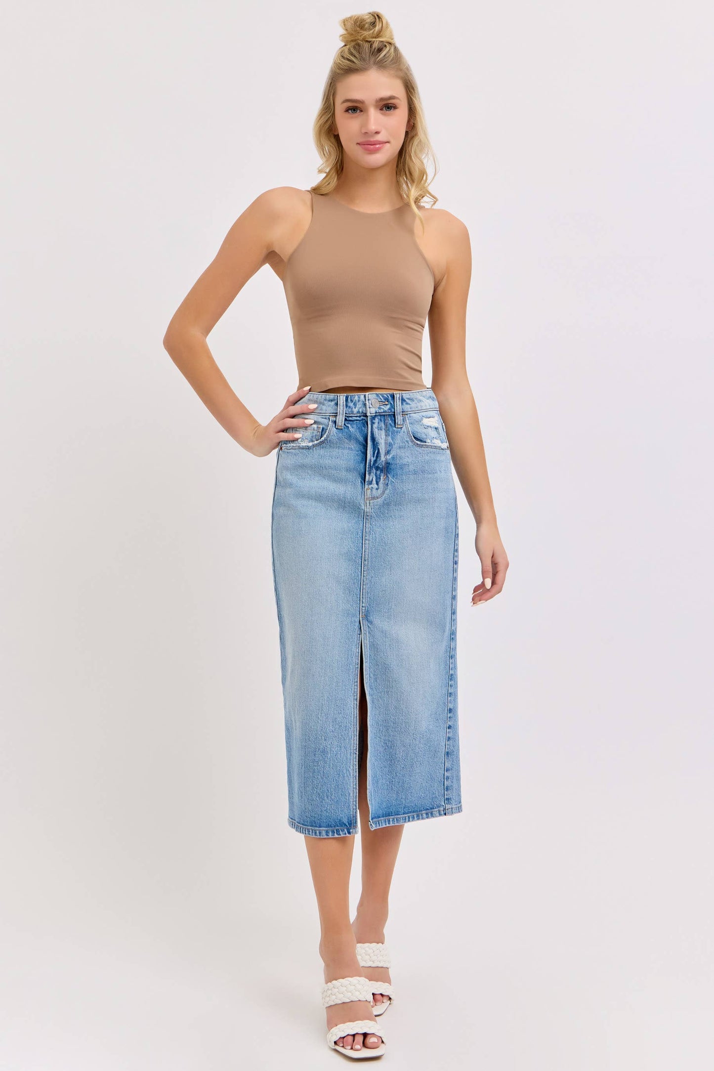 High Rise Midi Skirt with Front Slit [Wv58792LTD]
